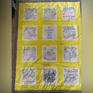 Hand-Embroidered Animal Patchwork Quilt Panel - Yellow